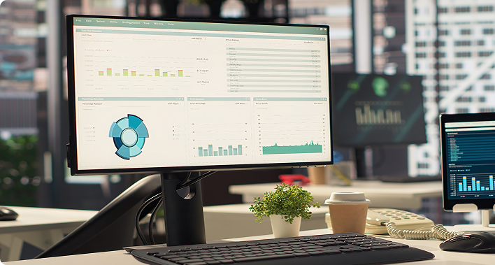 Finance professional analyzing reports on a laptop